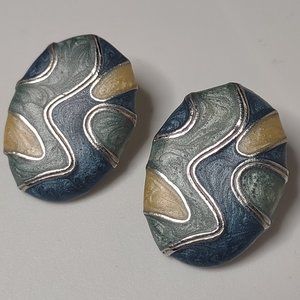 Vintage ECD Metal And Enamel Oval Decorative Earrings